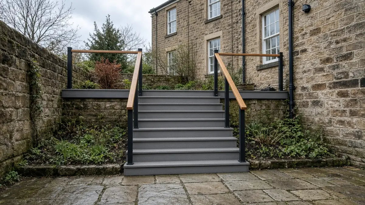 Example image: grey composite steps with oak handrails on both sides climbing from a yard to a deck