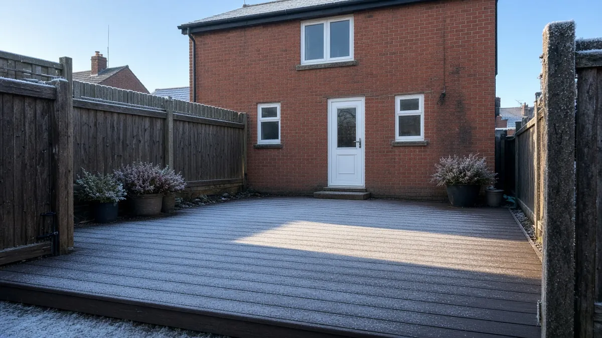 Example image: frosted dark brown composite deck in a shaded yard of a colliery terrace