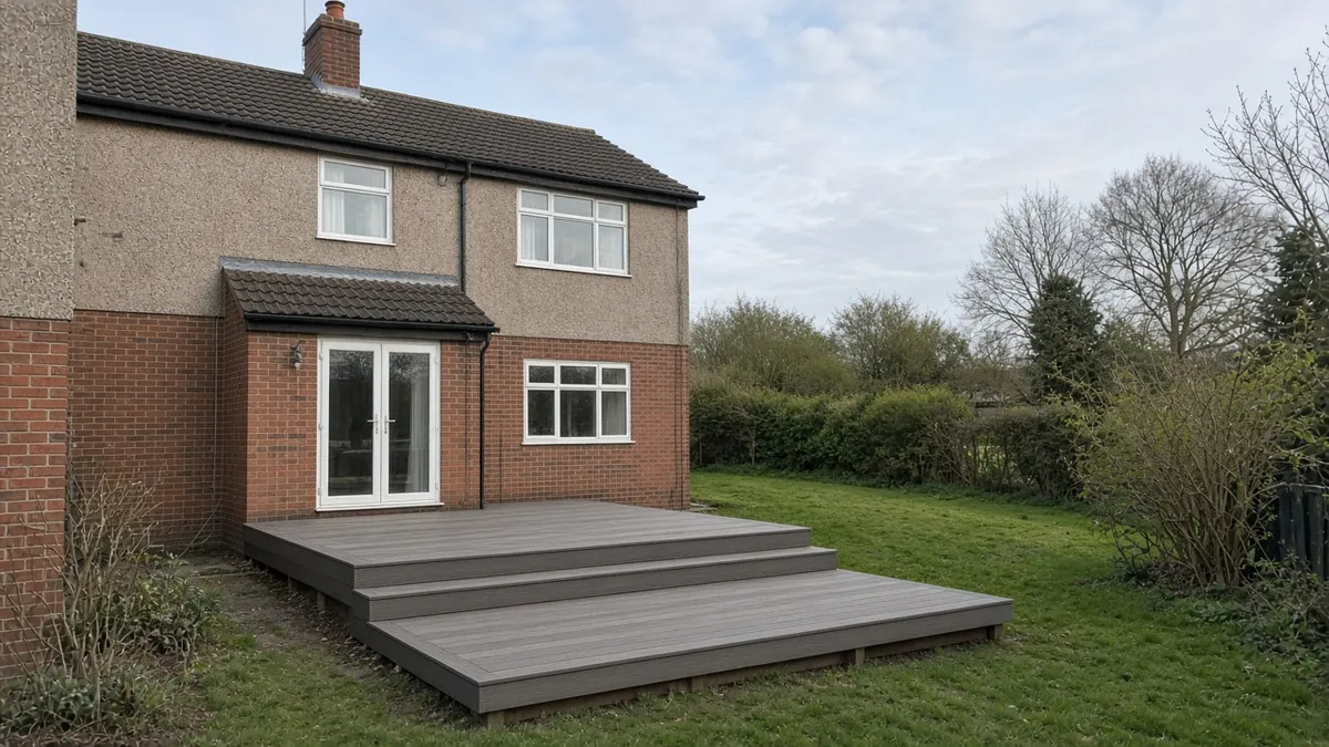 Example image: low composite deck in two levels on a gentle slope behind a 1930s semi