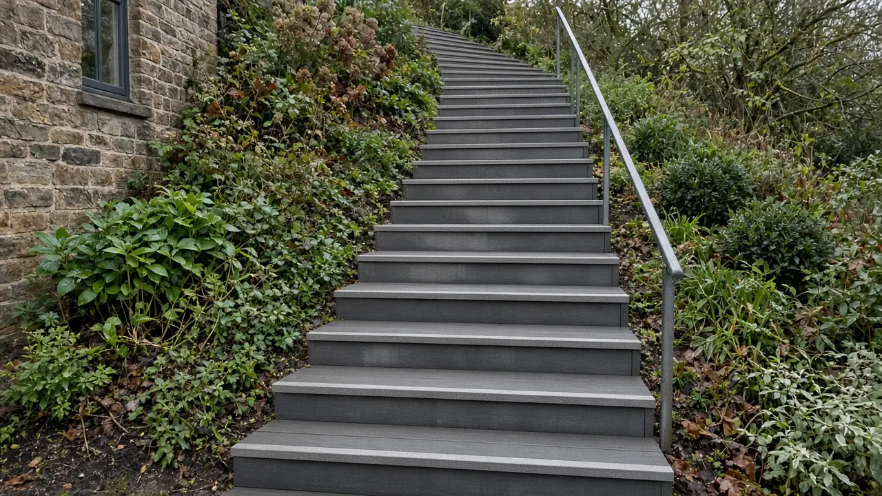Example image: composite deck steps with contrasting nosings up a slope