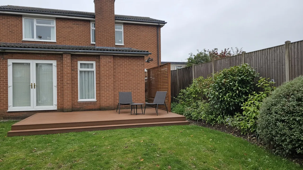 Example image: composite deck with slatted privacy screen behind a Belmont semi-detached house