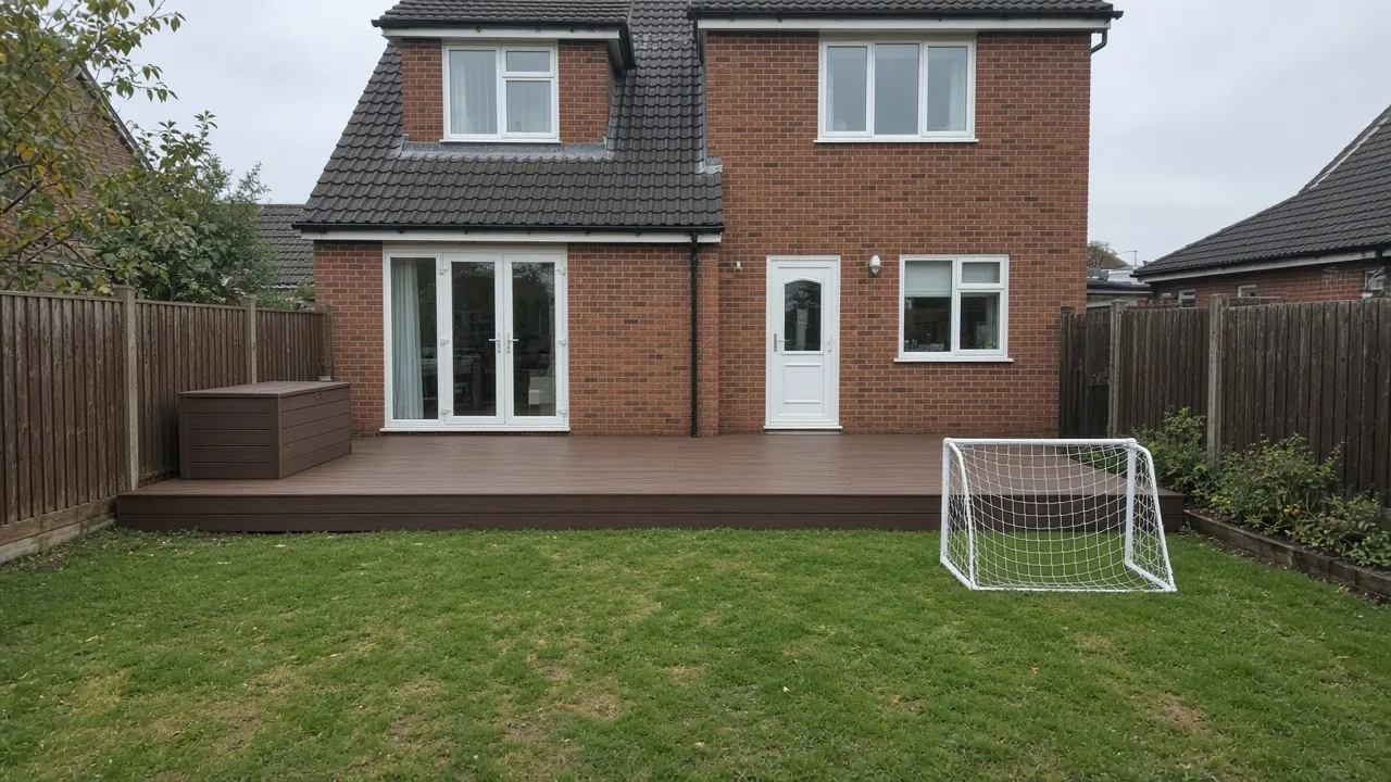 Example image: wide composite deck with a storage box behind a brick house in Bowburn with a children's lawn