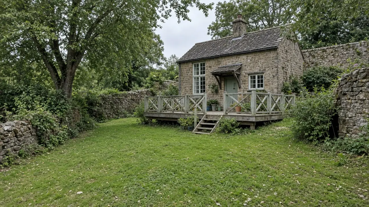 Example image: raised timber deck with painted balustrade in a Brancepeth cottage garden