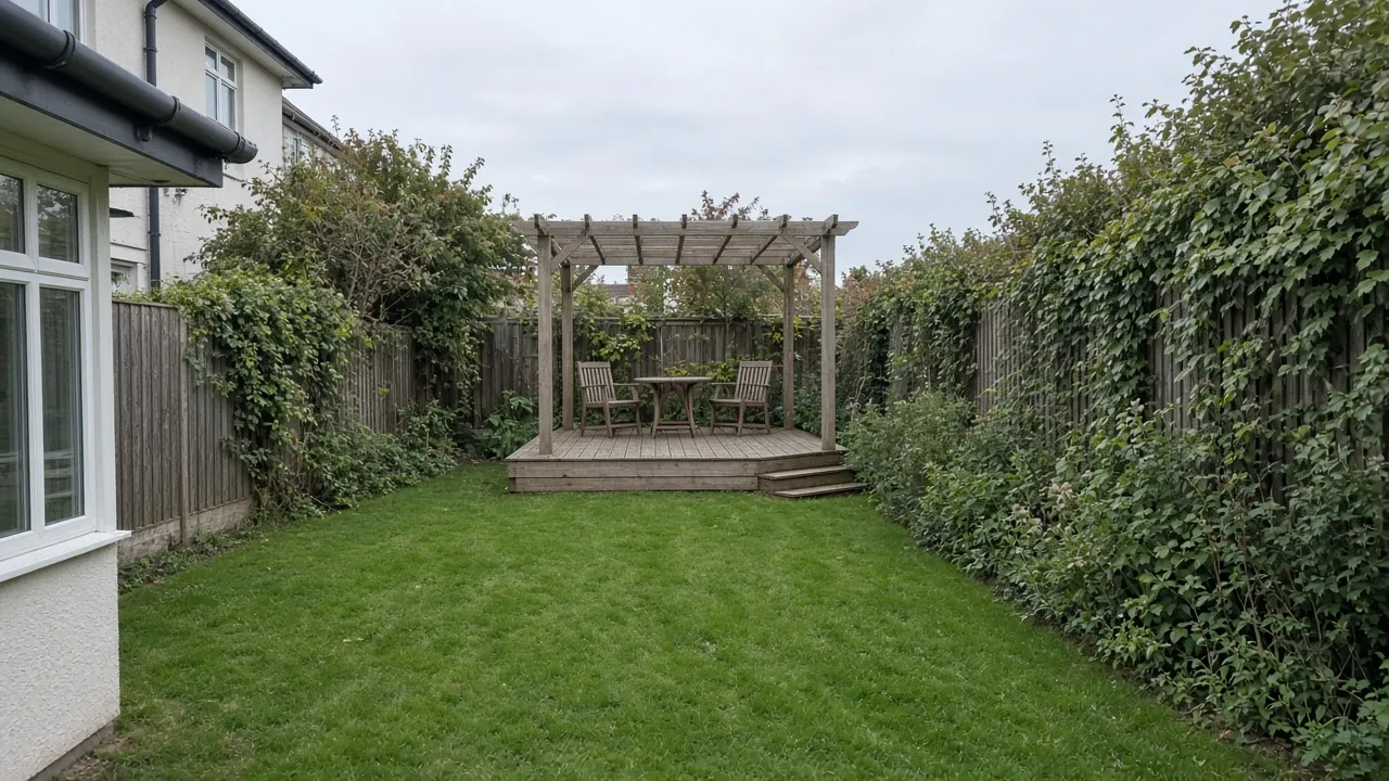 Example image: corner deck with pergola at the end of a Framwellgate Moor family garden