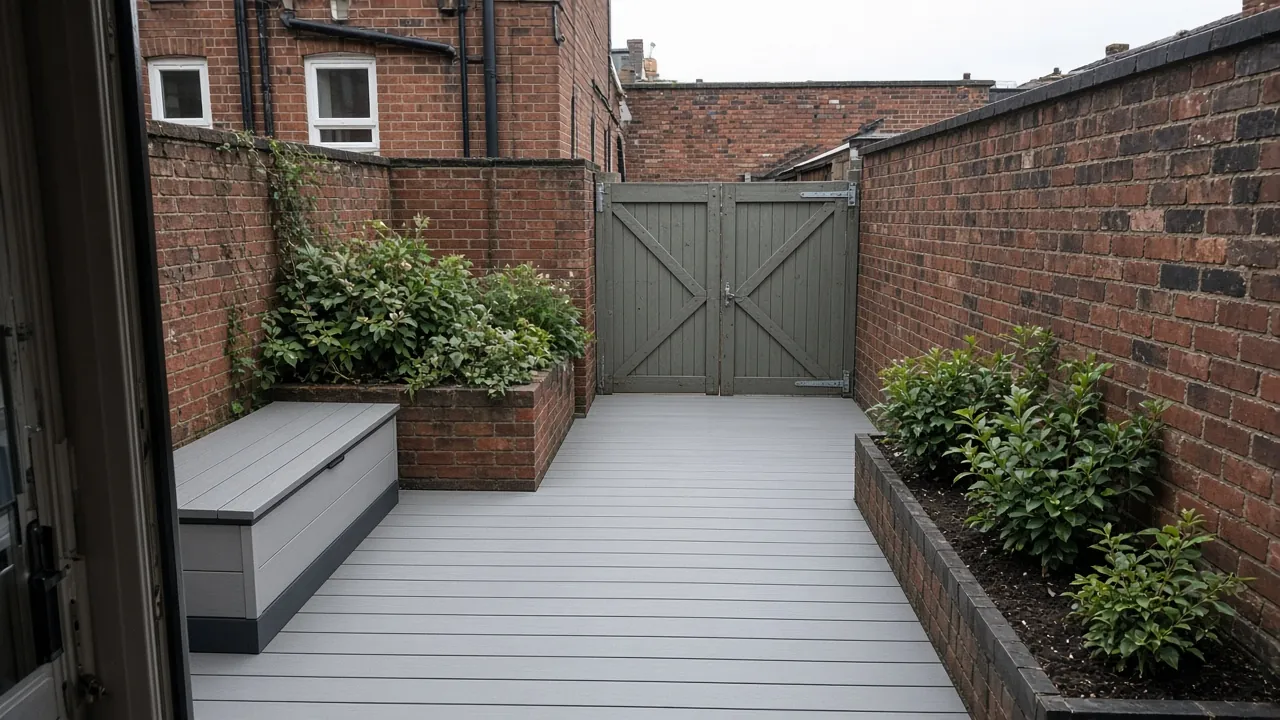 Example image: low composite deck with storage bench and planters in a small Gilesgate terrace yard