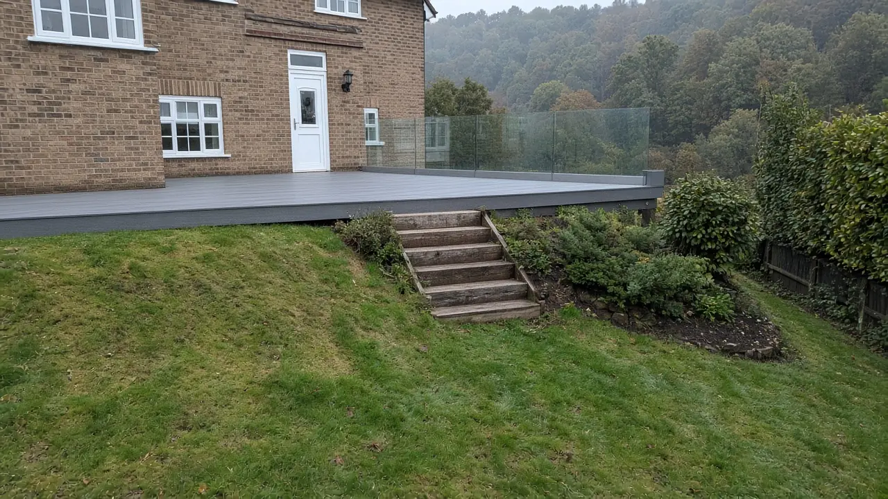 Example image: raised deck with glass balustrade over a sloping garden in Neville's Cross, Durham