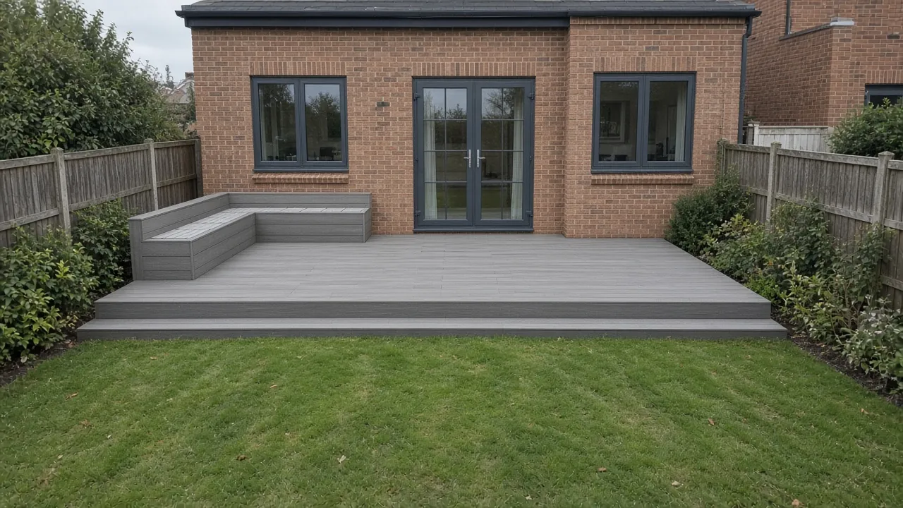 Example image: composite deck with built-in bench off the patio doors of a brick house in Sherburn