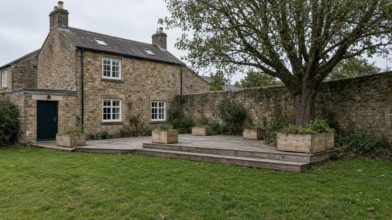 Example image: low silvered timber deck behind a stone house in Shincliffe village