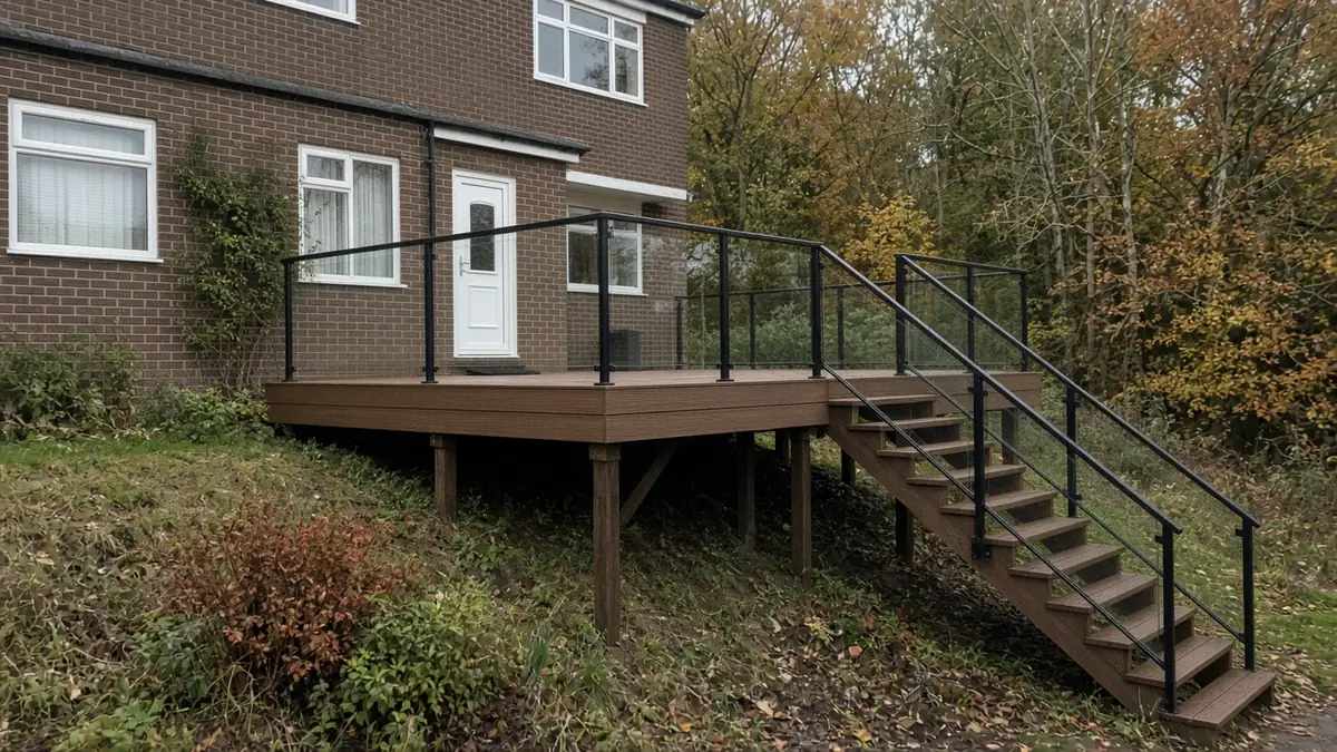 Example image: raised deck projecting over a falling garden in a village