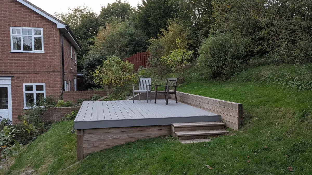 Example image: small composite deck on a terrace above a lawn