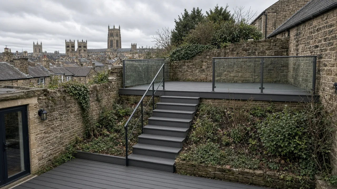 Example image: terraced composite decks on a steep garden behind a stone terrace
