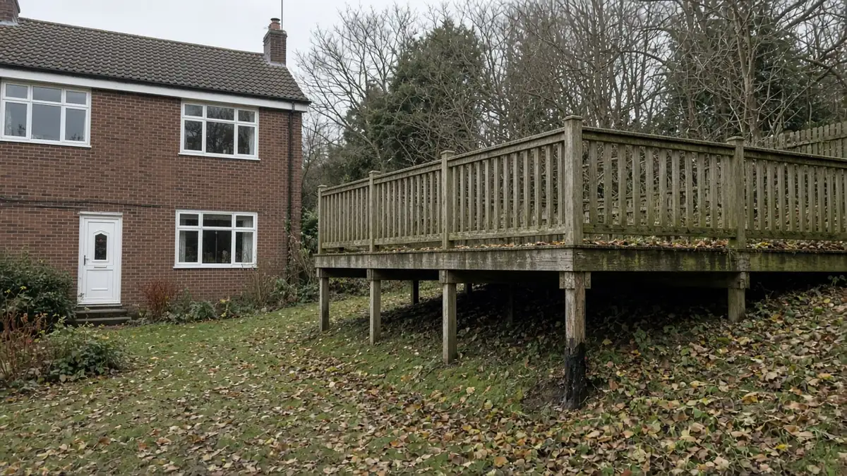 Example image: old raised timber deck on a slope with a sagging corner and a rotten post base