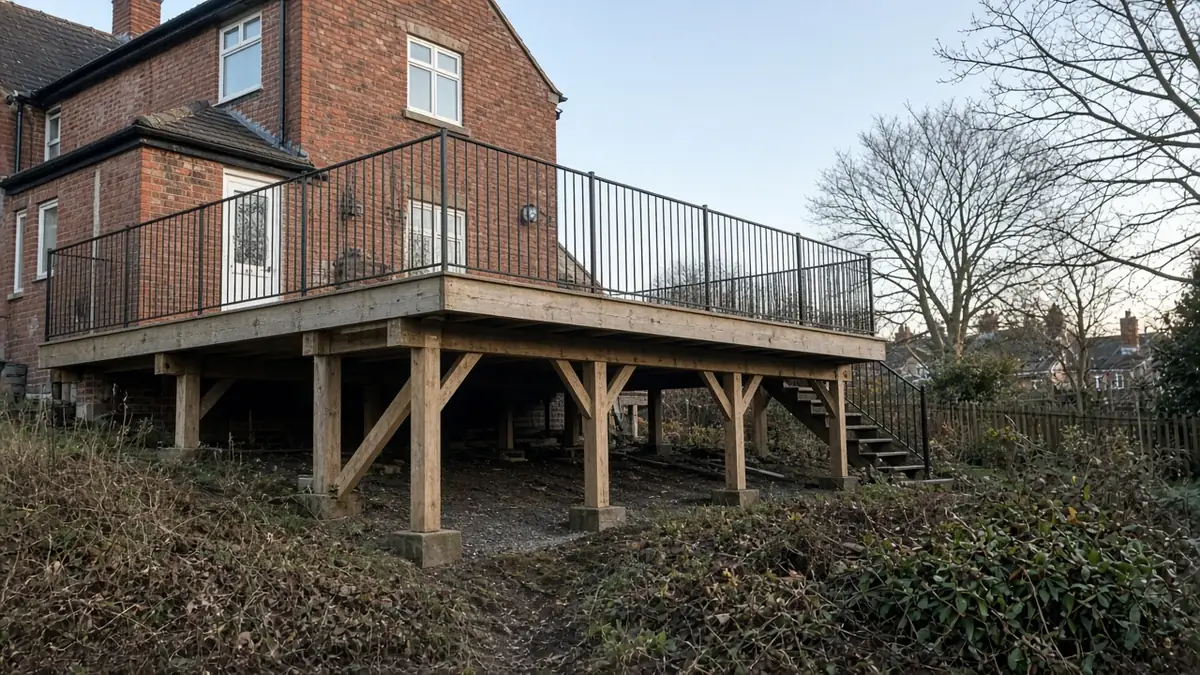 Example image: tall braced posts on concrete pads under a raised deck on a steep slope