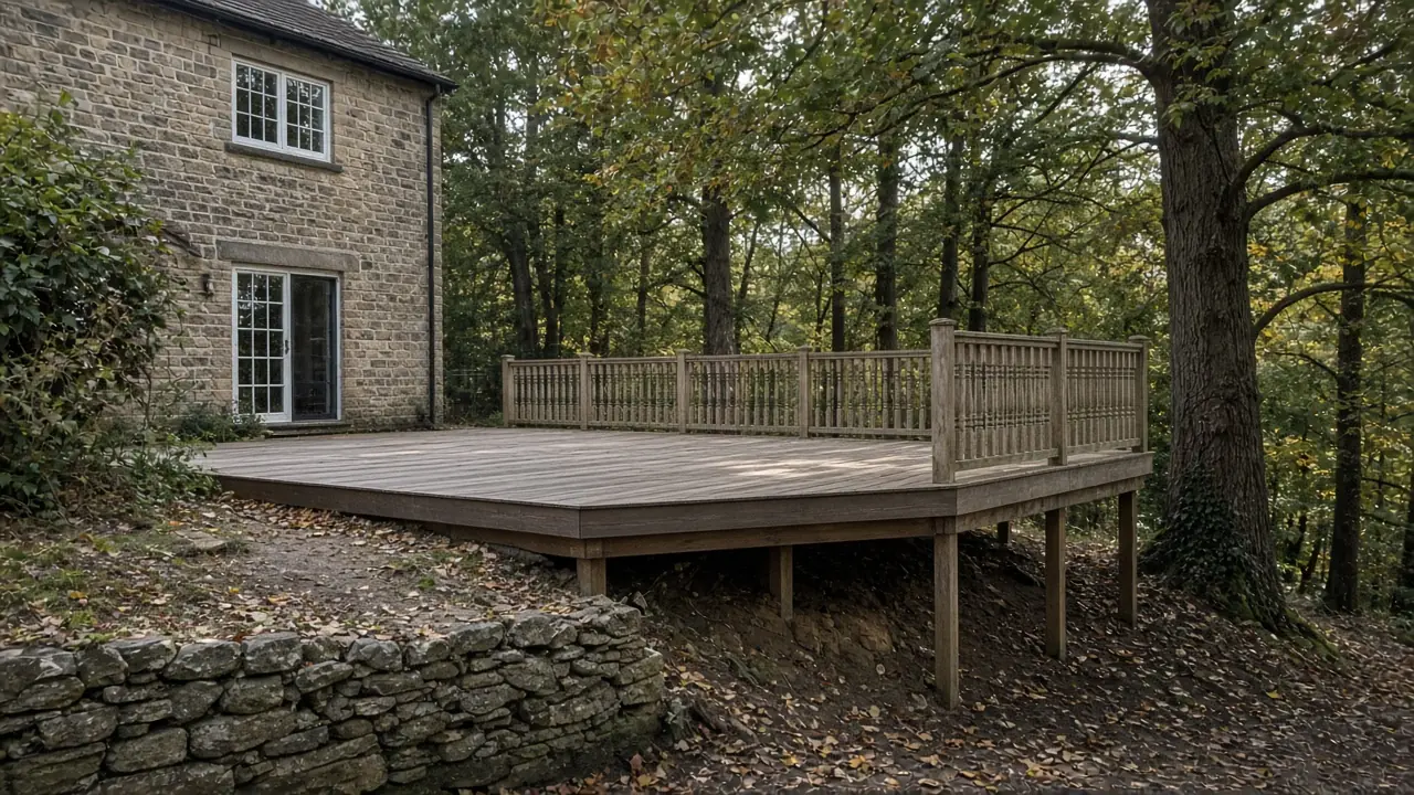 Example image: hardwood deck among trees on a wooded slope