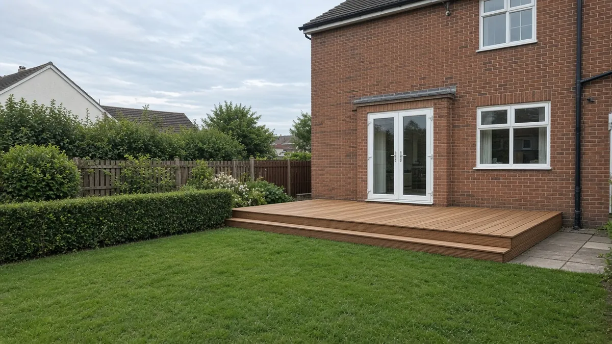 Example image: low cedar-toned softwood deck with grooved boards behind a 1950s brick semi