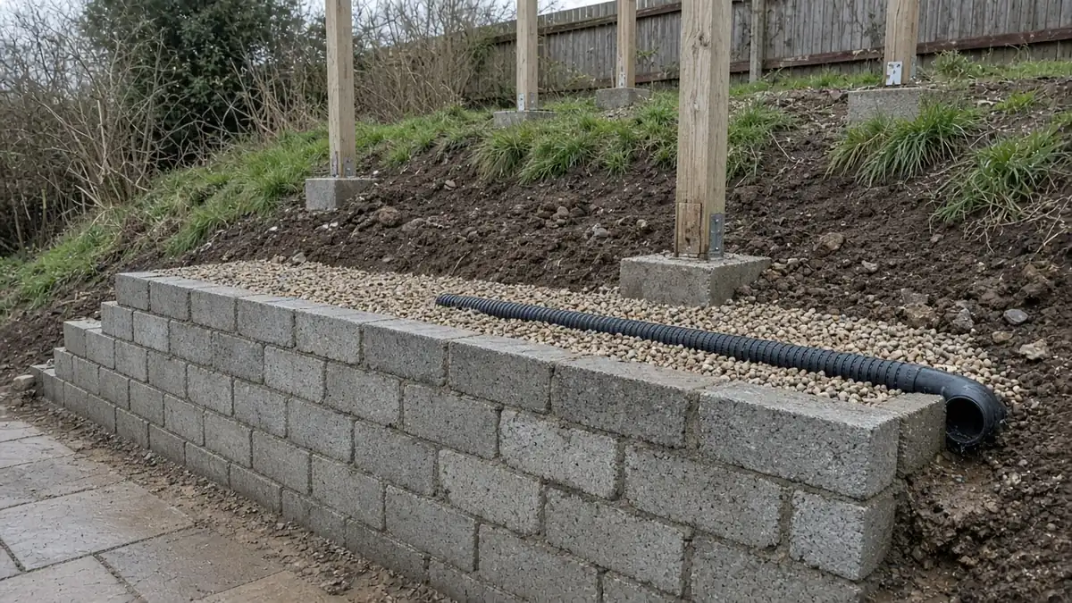 Example image: drainage channel and gravel behind a low retaining wall under a deck
