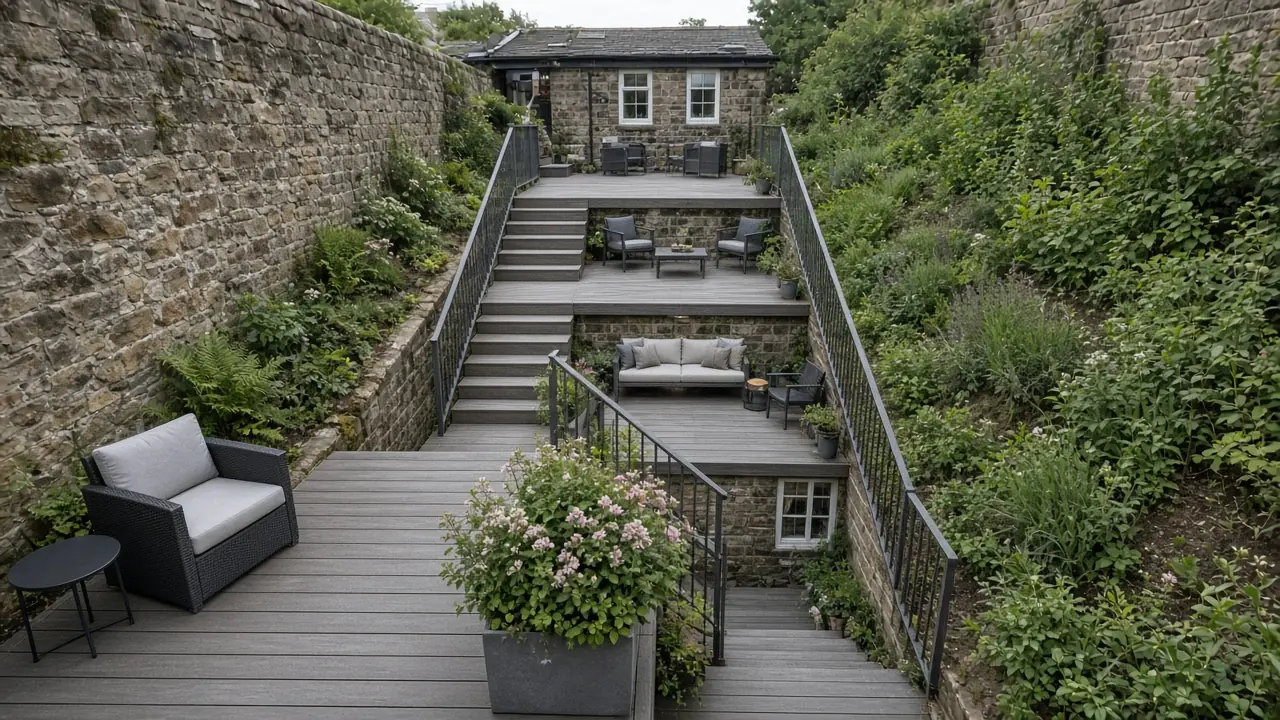 Example image: three terraced deck levels climbing a very steep garden